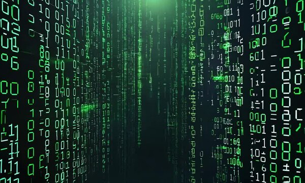 Digital tunnel of green binary code representing data flow.