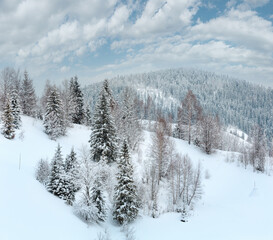 Winter Ukrainian Carpathian Mountains landscape.