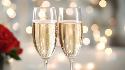 テーブル上の赤いバラとシャンパン