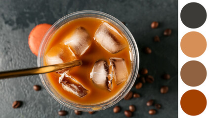 Plastic cup of iced coffee on dark background, closeup