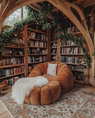 Cozy reading nook with plush velvet armchair, bookshelves overflowing with books, and lush greenery. Perfect for relaxation and reading.