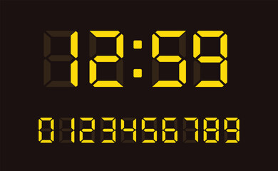 Yellow digital led numbers. Electronic or digital clock counter with led figures. Vector EPS 10