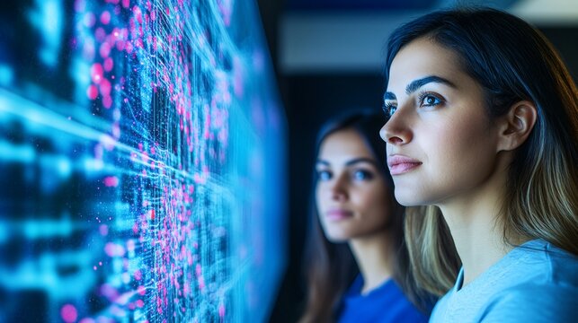 Innovative Tech Experts Analyzing Data on Digital Display in Modern Workspace