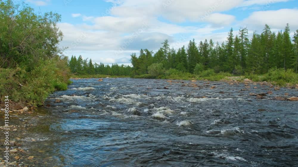 Aufkleber a river with a lot of water and trees in the background. the water is moving fast and the trees are 