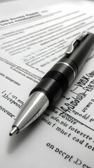 Close-up of a sleek pen resting on a page of printed text, suggesting concepts of writing, business, and legal documents.