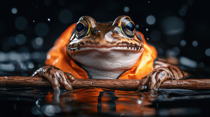 surreal close up of smiling frog wearing orange life jacket, floating on water, creates whimsical and playful atmosphere