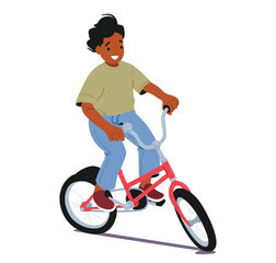 Cute active boy child cartoon character riding two-wheeled bicycle isolated on white background