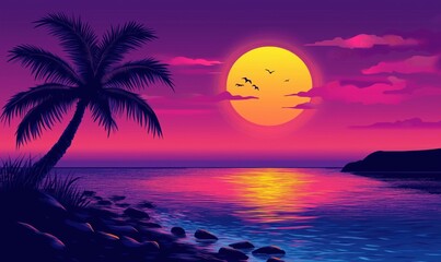 Tropical sunset with palm tree, vibrant colors, serene ocean view, silhouettes of birds, rocky shoreline - Powered by Adobe