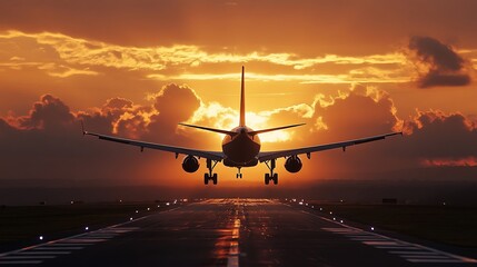 Airplane Landing at Sunset. Concept of Travel, Journey, and Destination.