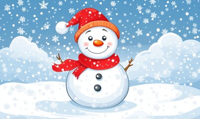 Snowman with red hat and scarf, cheerful expression, snowy background, winter scene, snowflakes falling, blue sky, cartoon style