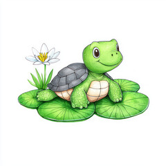 Fototapeta premium cute green turtle on lily pads with flower, radiating joy