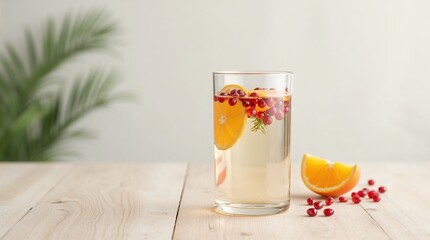 Fototapeta premium Detox water with orange slices and berries on table