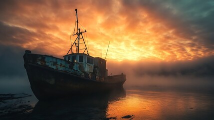 Abandoned fishing boat at sunrise. Concept of solitude, history, and the passage of time.