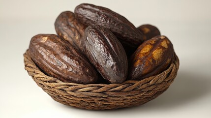 Obraz premium Dark Brown Cocoa Pods Resting in a Woven Basket Isolated on a Clean Background for Organic Food and Natural Product Imagery