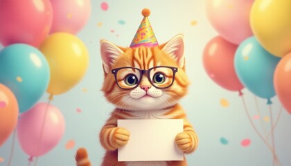 Party-ready kitten wearing glasses celebrates with colorful balloons and confetti