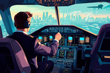 Fototapeta premium A male pilot operating controls in the cockpit of a commercial aircraft above a city