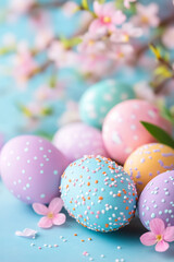 Fototapeta premium Vibrant pastel eggs adorned with sprinkles lie among blooming flowers, capturing the essence of spring and Easter joy