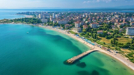 Obraz premium Aerial view of a beautiful beach resort town. Concept of summer vacation, relaxation, and coastal tourism.
