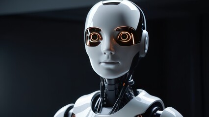 A robot with glowing eyes stands in a dark room