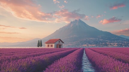 Serene lavender fields with a quaint house and majestic mountains.