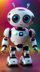 A robot with blue eyes stands in front of a colorful background
