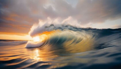 Ocean big wave against the sunset