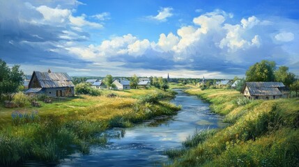 Fototapeta premium Rural scene with river, huts, and bright sky.