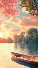 Obraz premium Serene river scene at sunset with a boat and vibrant trees.
