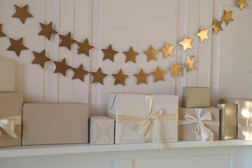 Beautiful, festive Christmas atmosphere, tree, garlands, gifts