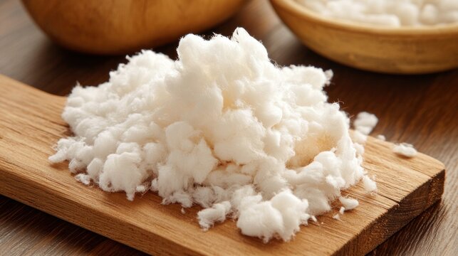 Fluffy white substance on wooden board.