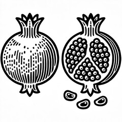 Pomegranate Whole and Opened Revealing Seeds Coloring Book Illustration