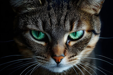 Portrait of a tabby cat staring with intense green eyes on black background