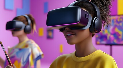 vr art: woman painting in virtual reality - metaverse