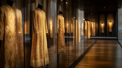 Exhibition of ornate golden garments displayed in a sleek, well-lit museum corridor, showcasing intricate designs and cultural heritage.