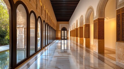 A stunning heritage corridor with archways, ornate patterns, and sunlit paths leading to a historic intersection of art and architecture.