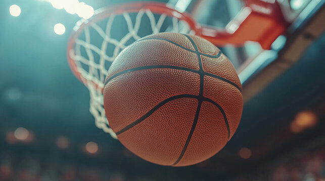 Basketball approaches the hoop during a competitive game at a bustling arena
