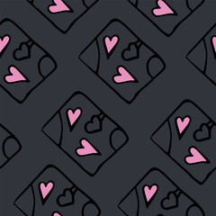 Seamless pattern of notebooks with hearts on a gray background