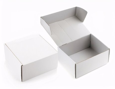 Collection of empty white cardboard boxes, isolated on white background