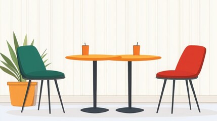 Fototapeta premium A cozy indoor scene featuring two colorful chairs and a small table. Perfect for gatherings and intimate conversations.