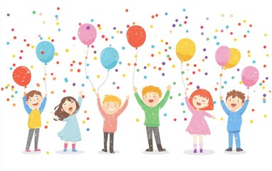 Fototapeta premium Happy people celebrating a holiday or birthday party joyful characters with balloons and confetti in a flat style on a white background Generative AI