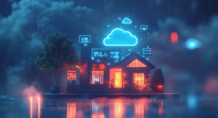A digital illustration of a smart home powered by AI showcasing futuristic technology and cloud computing capabilities enhanced with blue neon lights. The serene 