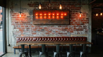 The image showcases a cozy cafe interior with exposed brick walls, vintage lighting, and a leather banquette seating area, creating an inviting atmosphere.