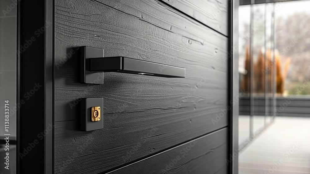 Poster This Close-up of a sleek black door handle with a modern smart locking mechanism.