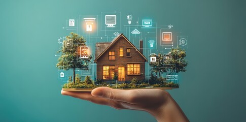A hand holding a miniature house surrounded by virtual icons representing modern smart home technology and services