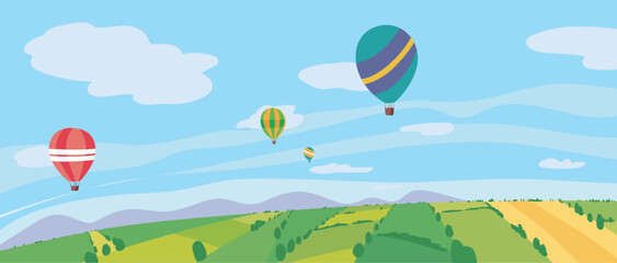 Obraz premium Air hot balloons flying over rural agricultural field scenic landscape vector illustration