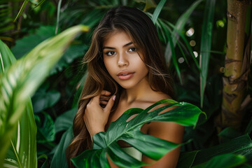 Portrait of a beautiful young woman, surrounded by lush tropical leaves, embodying natural beauty and exotic freshness.