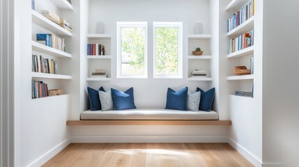 Built-in window seat with bookshelves and blue pillows in a bright white room.