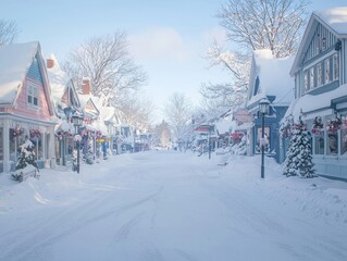 Naklejka premium Snow-covered street with charming houses and festive decorations.