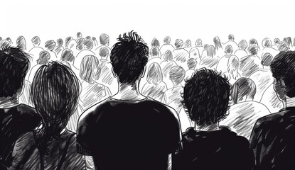 Crowd black and white drawing. Ink man sketch. Group of people coal portrait