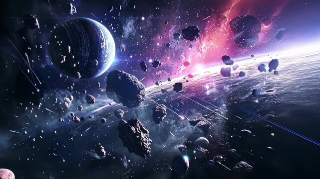 Vibrant galaxy with colorful nebulae, shooting stars, and asteroids heading towards a planet, capturing the essence of deep space with a futuristic and cosmic atmosphere